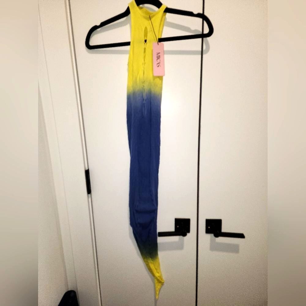 New Asymmetrical Stretch Bodycon Dress W/cutouts Yellow and Blue Gradient